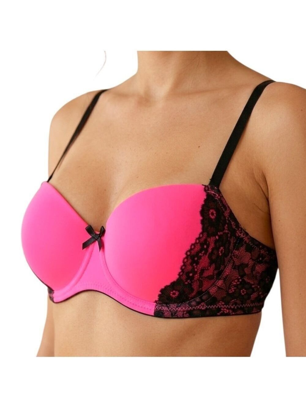 H&M hot pink black lace padded push up underwire bra 34C